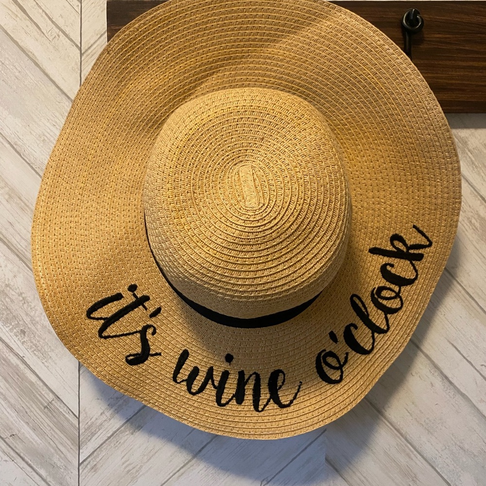 Sun Hat CC Eclusives Women's Summer Hat "It’s Wine O’clock" Straw Hat Black Trim